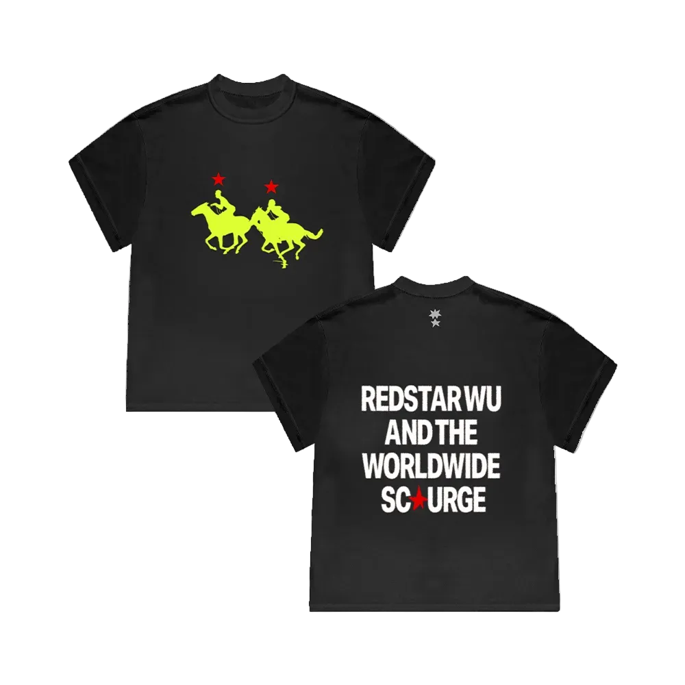 Black t-shirt with yellow graphic on front and white text on back